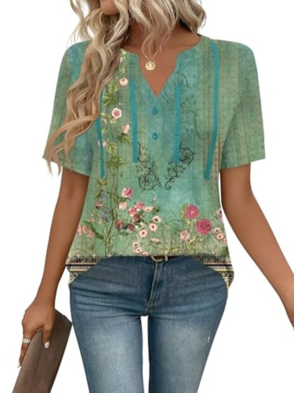 ๐ Short Sleeve Shirts for Women Pleated V Neck Lace Blouses Dressy Casual - Picture 1 of 7